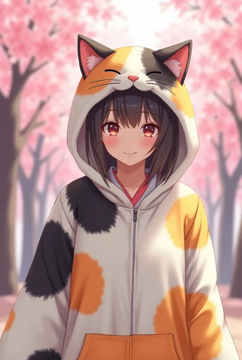 A beautiful middle aged Japanese woman wearing a cat costume with hoodies. The fur pattern should be that of calico cat: patches of white, black, and white. It should show only above her chest. The image should be not realistic and drawing like.