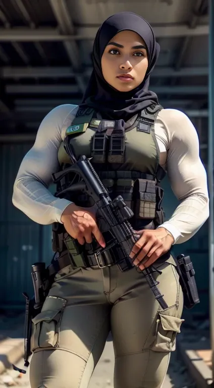 Photorealistic, high resolution, 1 malay woman in hijab, Solo, Hips up, Gaza background，view the viewer, (Detailed face), White hijab, SWAT vests, sniper rifle handle, Black military uniform, bulletproof vest, Holding an assault rifle, M16, Inside the city...