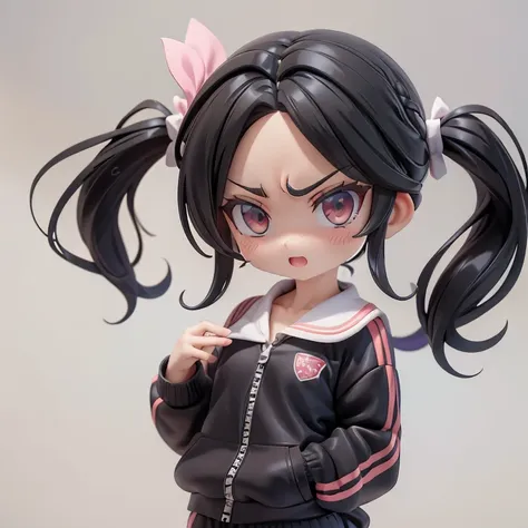 Girl、Primary school students、small、Angry、Screaming、sharp、Black Hair,、Pigtails、Braid、The forehead is visible、Forehead、Jersey、Tracksuits、Clothing patterns、Clothing Design、The front is open、whole body、
