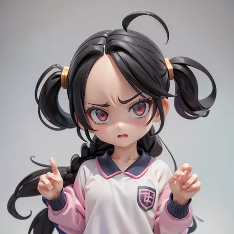 Girl、Primary school students、small、Angry、Screaming、sharp、Black Hair,、Pigtails、Braid、The forehead is visible、Forehead、Jersey、Tracksuits、Clothing patterns、Clothing Design、The front is open、whole body、
