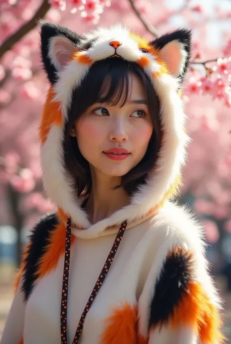 A beautiful 50 year old Japanese woman wearing a cat costume with hoodies. The fur pattern should be that of calico cat: patches of white, black, and white. The costume have no cat face. It should show only above her chest. 