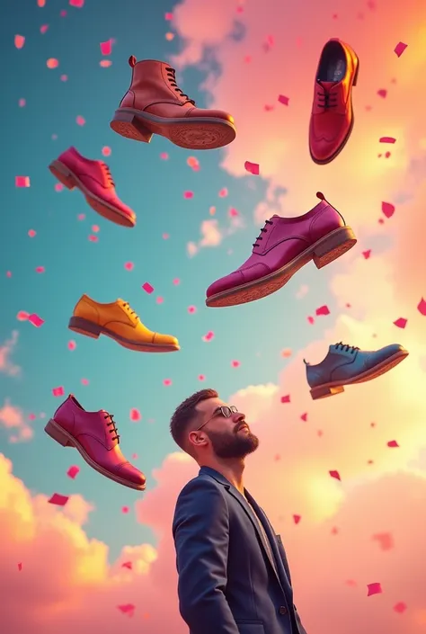 50x luxury & stylish shoes flying in colourful sky a man see shoes add colourful rain 