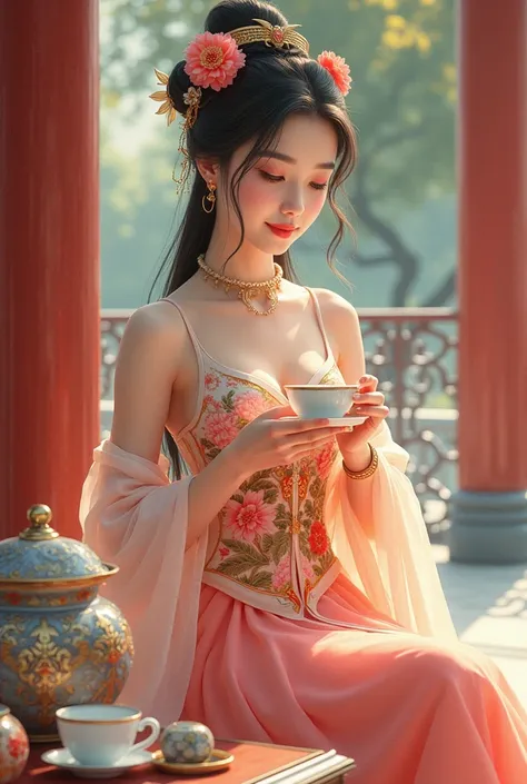 A beautiful and lovely Chinese girl wearing ancient costume，sitting in the palace，Holding tea cup, There is a tea set next to it。She has delicate features，Exquisite makeup，Traditional dress with floral patterns。Background incorporates classical architectur...