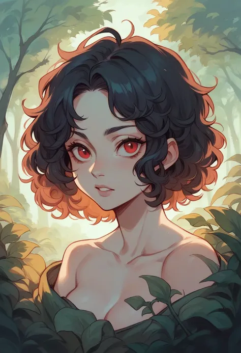 A girl with curly black hair and red eyes in a forest