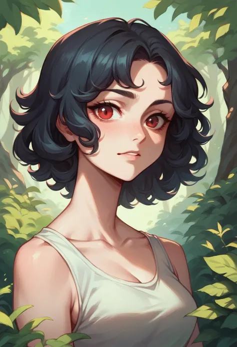 A girl with curly black hair and red eyes in a forest