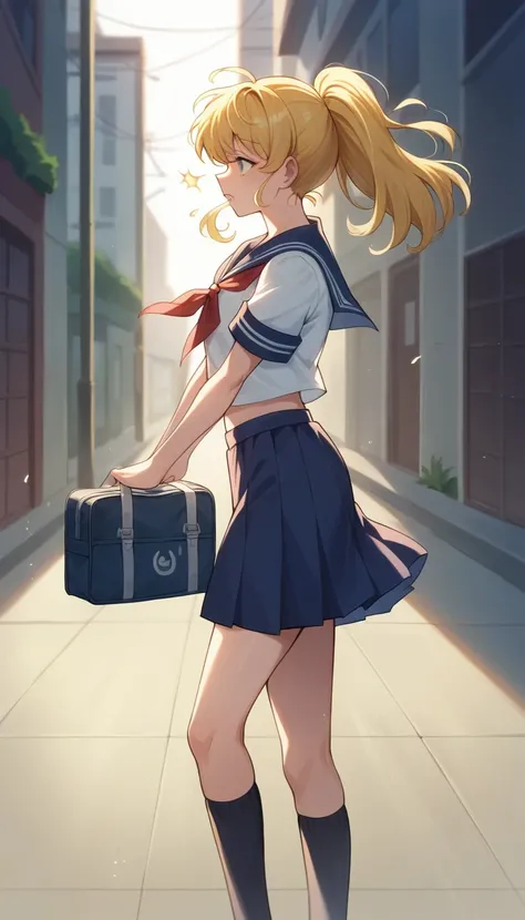 "A dynamic scene featuring a high-quality anime-style image of Usagi Tsukino from Sailor Moon running in her summer school uniform. She is wearing her usual short-sleeved sailor uniform, with her school bag slung over her back. The image captures the momen...