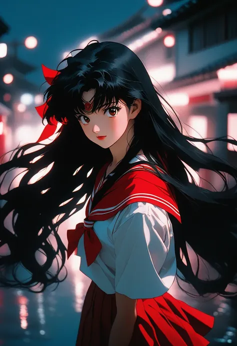 kagome, red eyeshadow, realistic, analog style, vhs style, 8mm film, chromatic aberration, dvd screengrab, 80s movie, cinematic ...