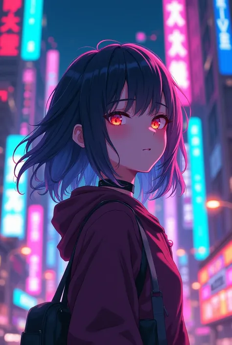 Colorful profile picture of a female character in an anime style. It has distinct characteristics from the anime Oshi no Ko. The scene takes place in a futuristic city with neon lights. The environment is exciting and adventurous. The camera settings are a...