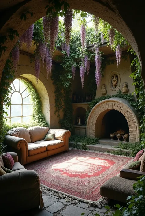 Photo of the interior of a deserted elven cottage&#39;s living room. Perspective shot. Wisteria from floor to ceiling.   With old round stone fireplace in the background. Style hobbit