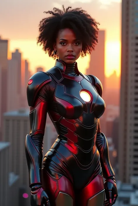 Black american girl, short curly black hair, black and red iron man armor, huge breasts, thin waist, sensual pose,