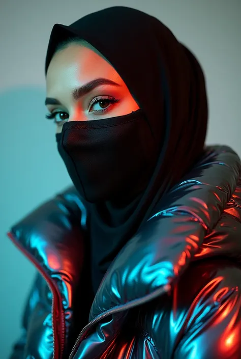 close up beautiful 30 year old hot girl.
She wears a very shiny plastic hijab on her head.
with a very shiny black plastic mask on his face.
wearing a long shiny plastic puffer jacket.
she wears a long traditional Arabic Caftan dress made of very shiny pla...