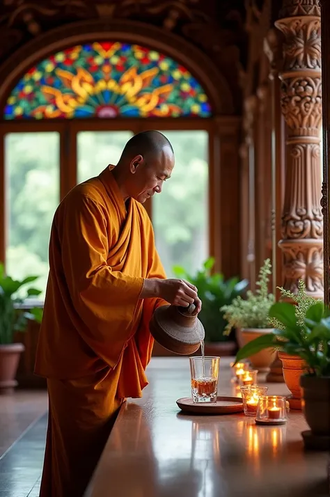 A monk pouring a glass of water 