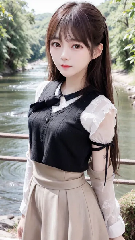 A super cute tsundere girl、Waist size is 21 inches、Expressing romantic feelings with bold gestures、Double Piece Pose、A cute pleated skirt with an ultra-thin waist、Cute oversized shirt、A forest road along a river hidden from view、The highest standard of ult...