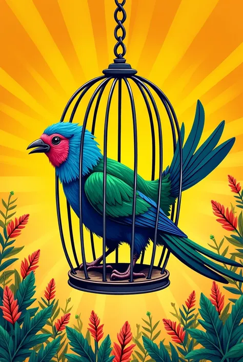 The e-poster features a stylized illustration of a bird breaking free from a cage, with the cage bars forming the shape of a speech bubble. The background is a bright, sunny yellow color (#F2C464), with subtle patterns of traditional Filipino textiles, suc...