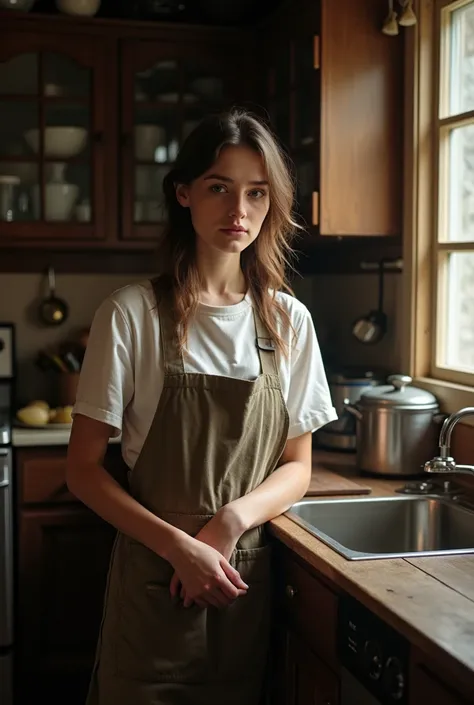 Picture a young woman in a simple yet practical kitchen dress, preparing breakfast in a dimly lit kitchen. The early morning light casts a warm glow on her face and body, but with deeper shadows to emphasize the contrast between light and dark.