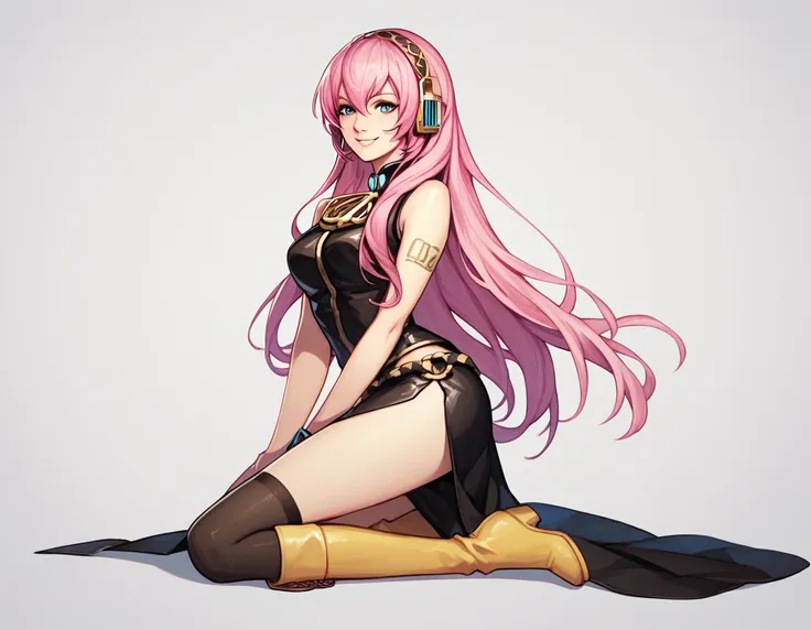 1 girla(cool, Luka Megurine, pink hair, long hair, straight hair, black headphone, sleeveless black short suit, side slit black skirt, black long socks, yellow long boots, smile), kneeling