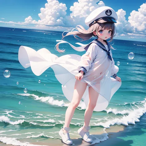 translucent sailor suit、Seaside、Highest quality、the wind is strong、underwear、Translucent slip