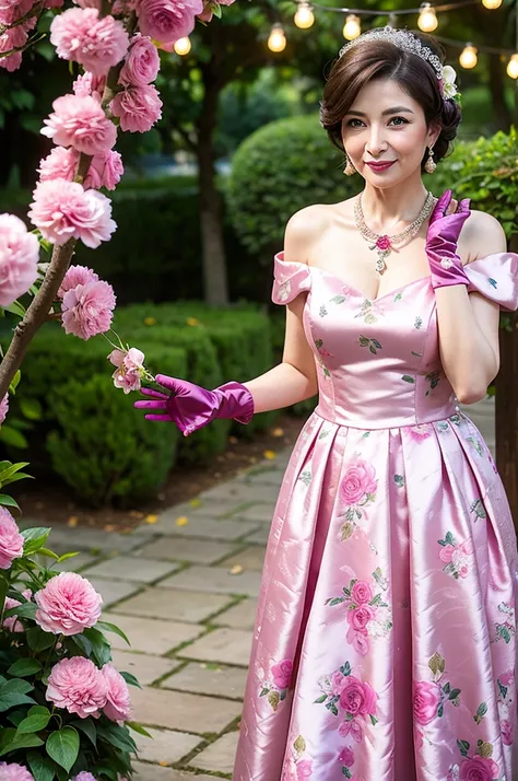 ((Masterpiece)), ((Best Quality)), A middle-aged short-hair woman, ((She is wearing an ornamental light magenta floral satin wedding dress)), She is wearing gloves on her hands., outdoor, She is in a garden. She is wearing a big necklace.