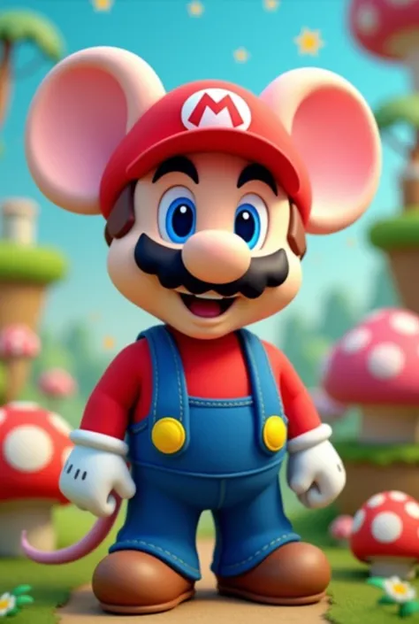 video game Mario dressed like a mouse, mouse face and tail. black mustache, wearing red t-shirt, blue bibs with yellow buttons