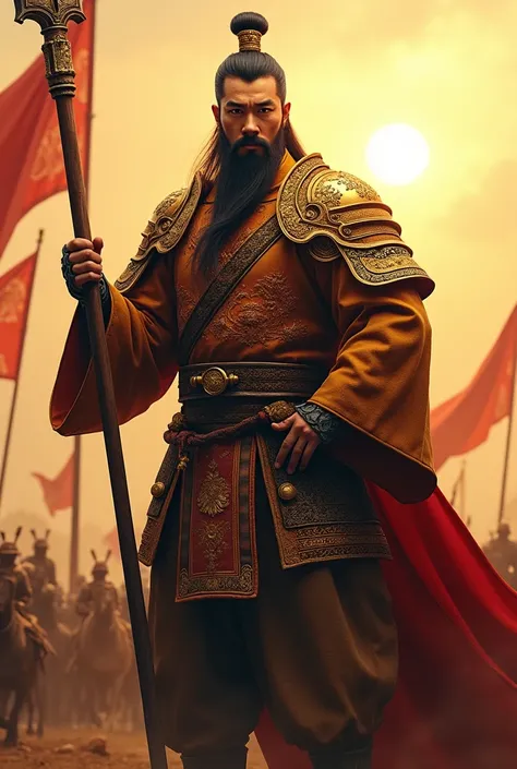 Male character wearing Chinese costume holding a halberd ,Characters in the Three Kingdoms, ancient soldier, Wearing Chinese iron armor, , Chinese warrior character design,Use Chinese weapons, lu bu ,Yes, it&#39;s a Chinese general&#39;s hat.,Has a long be...