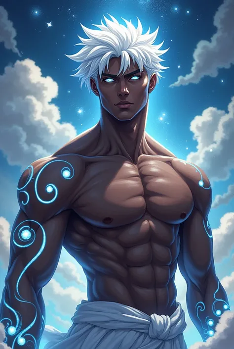 Shirtless black man with defined body,white hair and white eyes emanating a divine aura With white tattoos in anime