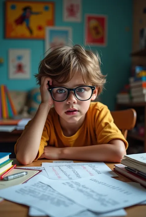 Little student stressed and angry about his grades