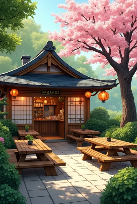 A place to eat, in a park, with a cafeteria and outside tables, with Japanese theme
