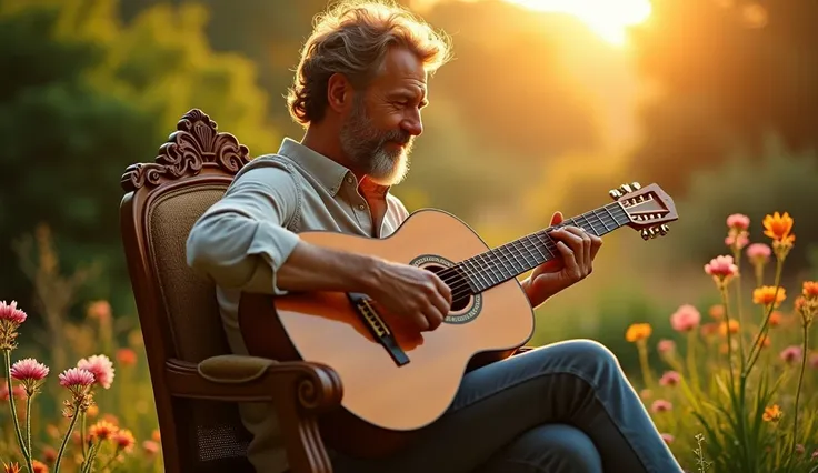 a man sitting on a garden chair playing an acoustic guitar, detailed facial features, ornate wooden guitar, lush green garden background, natural sunlight, photorealistic, highly detailed, cinematic lighting, 8k, vibrant colors, serene landscape, golden ho...