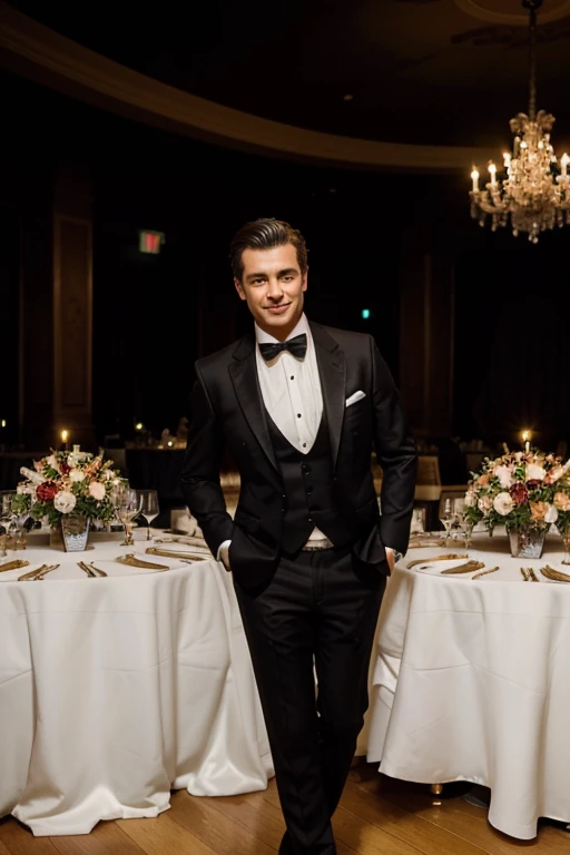 Create an image of a man dressed in a black suit with a white dress shirt and a black tie. He is standing confidently with a relaxed posture and a slight smile. The background features a lively formal event, such as a gala or reception, with colorful decor...