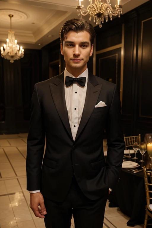 Create an image of a man dressed in a black suit with a white dress shirt and a black tie. He is standing confidently with a relaxed posture and a slight smile. The background features a lively formal event, such as a gala or reception, with colorful decor...