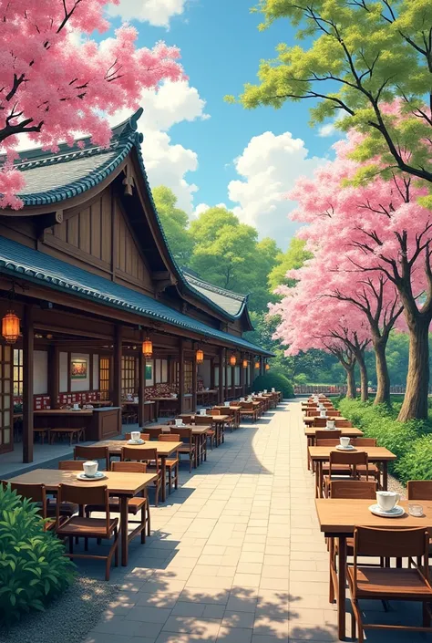 A place to eat, in a park, with a cafeteria and outside tables, with Japanese theme But big