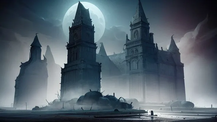 a haunting moonlit halloween scene, dark atmosphere, spooky atmosphere, detailed horror landscape, gothic architecture, overgrow...