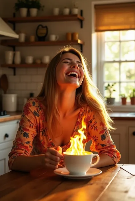 clearing! Here is the translation of the image description:

"An image, creative and cheerful of a woman sitting happily, holding a cup of coffee that is on fire. The woman is smiling, enjoying the moment, and there is a playful, surreal quality to the ima...