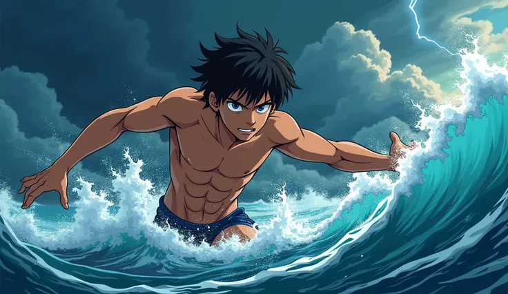 Kai is a lean, wiry teenager with tanned skin from long days spent under the sun. His hair is dark and unruly.A flashback to the darkest moment of the storm while sailing the boy nearly lost in the overwhelming waves."**cartoon anime