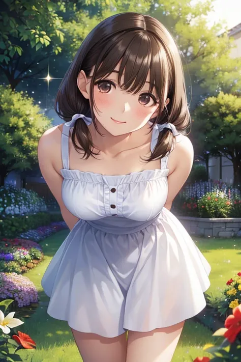 anegasaki nene、Shiny brown hair,  Medium Hair、(Beautiful brown eyes、Sparkling eyes, Fine grain)、smile、Ultra-detailed eyes、Highly detailed face, Highly detailed eyes,Cowboy Shot、


High resolution, Highest quality、,garden、smile、whole body、Beautiful thighs、r...