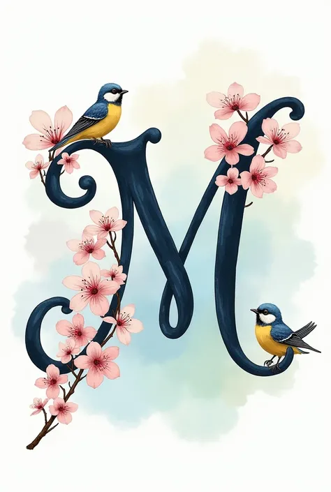 Elegant cursive uppercase letter M with cherry blossoms and birds on it