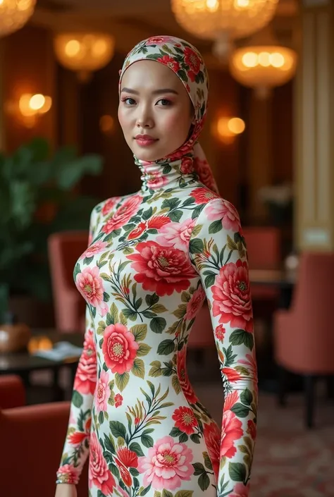 A beautiful and thin chinese adult girl wears floral print lycra turtleneck unitard catsuit and always wear floral print lycra hijab-like hood.She is at hotel.