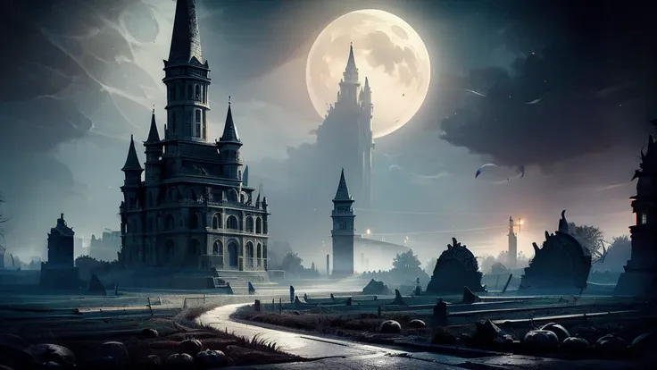 a haunting moonlit halloween scene, dark atmosphere, spooky atmosphere, detailed horror landscape, gothic architecture, overgrow...