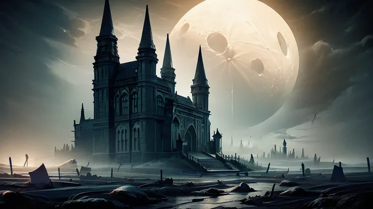 a haunting moonlit halloween scene, dark atmosphere, spooky atmosphere, detailed horror landscape, gothic architecture, overgrow...