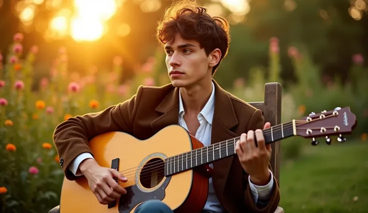 a young man sitting on a garden chair playing an acoustic guitar, detailed face, detailed hands, detailed guitar, detailed clothing, photorealistic, 8k, highly detailed, intricate details, realistic, warm lighting, lush garden landscape, natural setting, g...