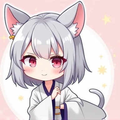 One Woman,Gray Hair,Cat ear,((Chibi Character)) Heterochromia iridis,Red eyes,,White kimono,Hiding his face,Enter your text in the bottom right corner of the fantasy image,A very popular font,