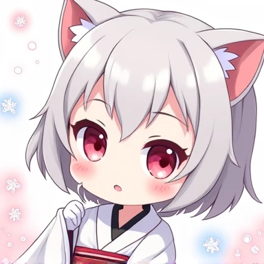 One Woman,Gray Hair,Cat ear,((Chibi Character)) Heterochromia iridis,Red eyes,,White kimono,Hiding his face,Enter your text in the bottom right corner of the fantasy image,A very popular font,