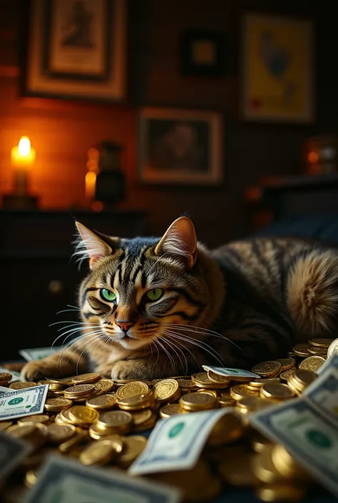 Cat on a pile of money in a dark setting
