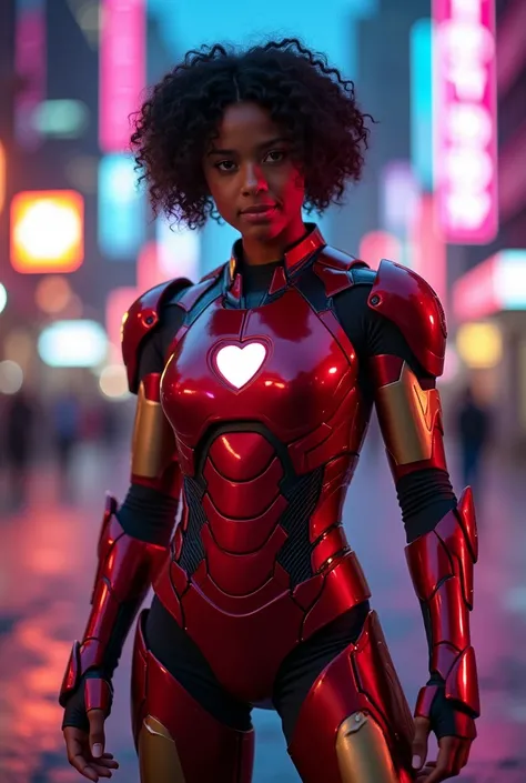 Black american girl, short curly black hair, red iron man armor with black accents, edgy heart symbol, huge breasts, thin waist, sensual pose,