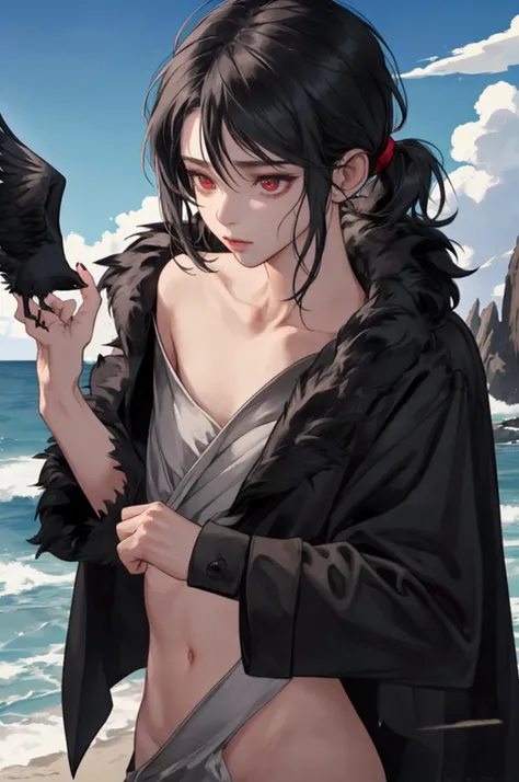 NSFW, short boy, feminine small shotacon, holding crow pet at hand, small fragile body, black fur-lined clothes hanging on the shoulder, little to no clothes (showing core body), black hair, very messy mullet hair, bangs, shining crimson eyes, masterpiece,...