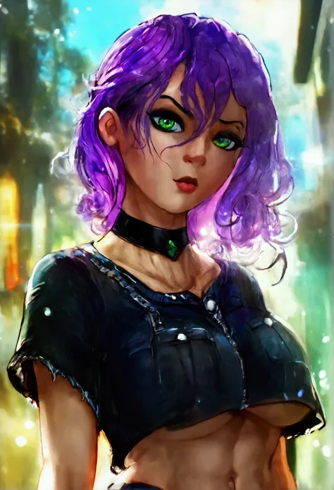 ((best quality)) ((best detail)) ((high quality background))1 girl, purple hair, black eyeliner, emerald eyes, black choker, bla...