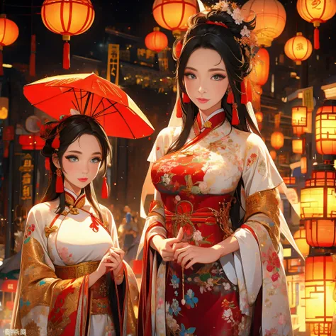 A beautiful big-breasted bride in ancient Chinese Hanfu and a maid standing 