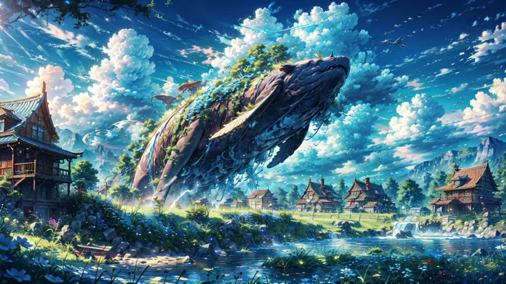 leviathan flying in the blue sky,imagine,a peaceful day, detailed clouds, place, grazing cows, flower, house in the distance, fe...