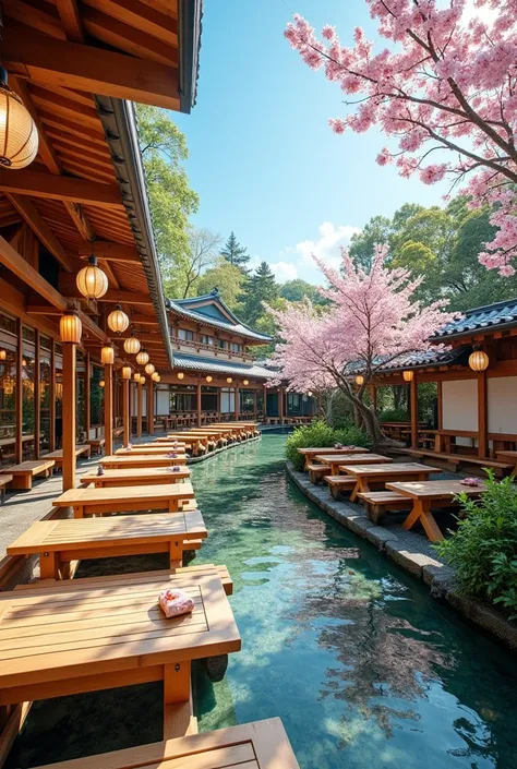 A place to eat, in a park, with a cafeteria and outside tables, with Japanese theme But big