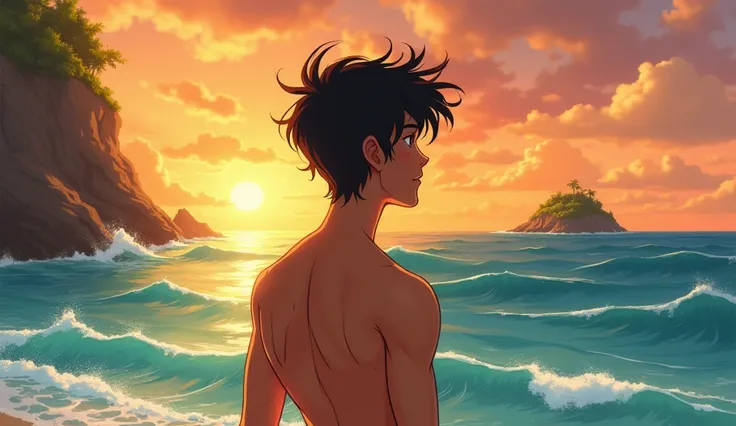 Kai is a lean, wiry teenager with tanned skin from long days spent under the sun. His hair is dark and unruly.A distant, exotic land or island appearing on the horizon, representing the boys ultimate dream and goal